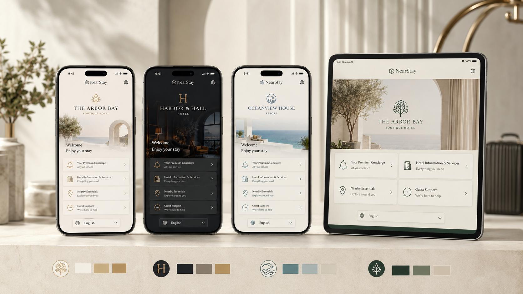 NearStay white-label guest guides adapted for different hotel brands and property types